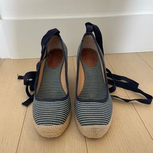 J. Crew white navy stripes wedge espadrilles